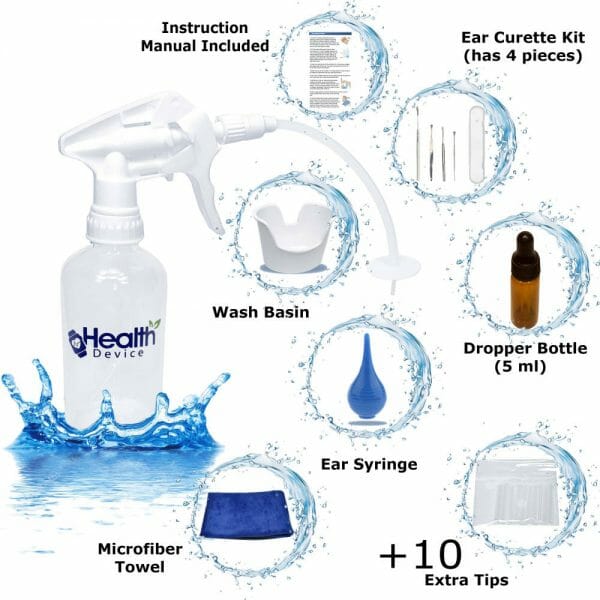 The All-In-One Ear wax Removal Kit consists of: Ear Irrigation (spray) Bottle, Wash Basin, Stainless Steel Curette Set, Ear Bulb Syringe, Ear Dropper Bottle, Cleaning Towel, and Extra Tips. This kit help improve hearing and reduce ear infection for Adults and Kids